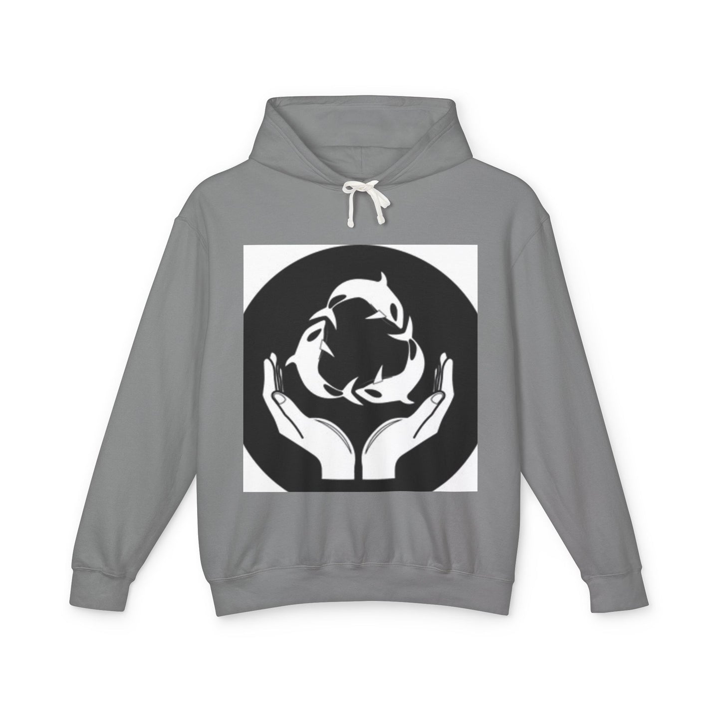 Eco-Friendly Unisex Lightweight Hooded Sweatshirt - Hands and Fish Design