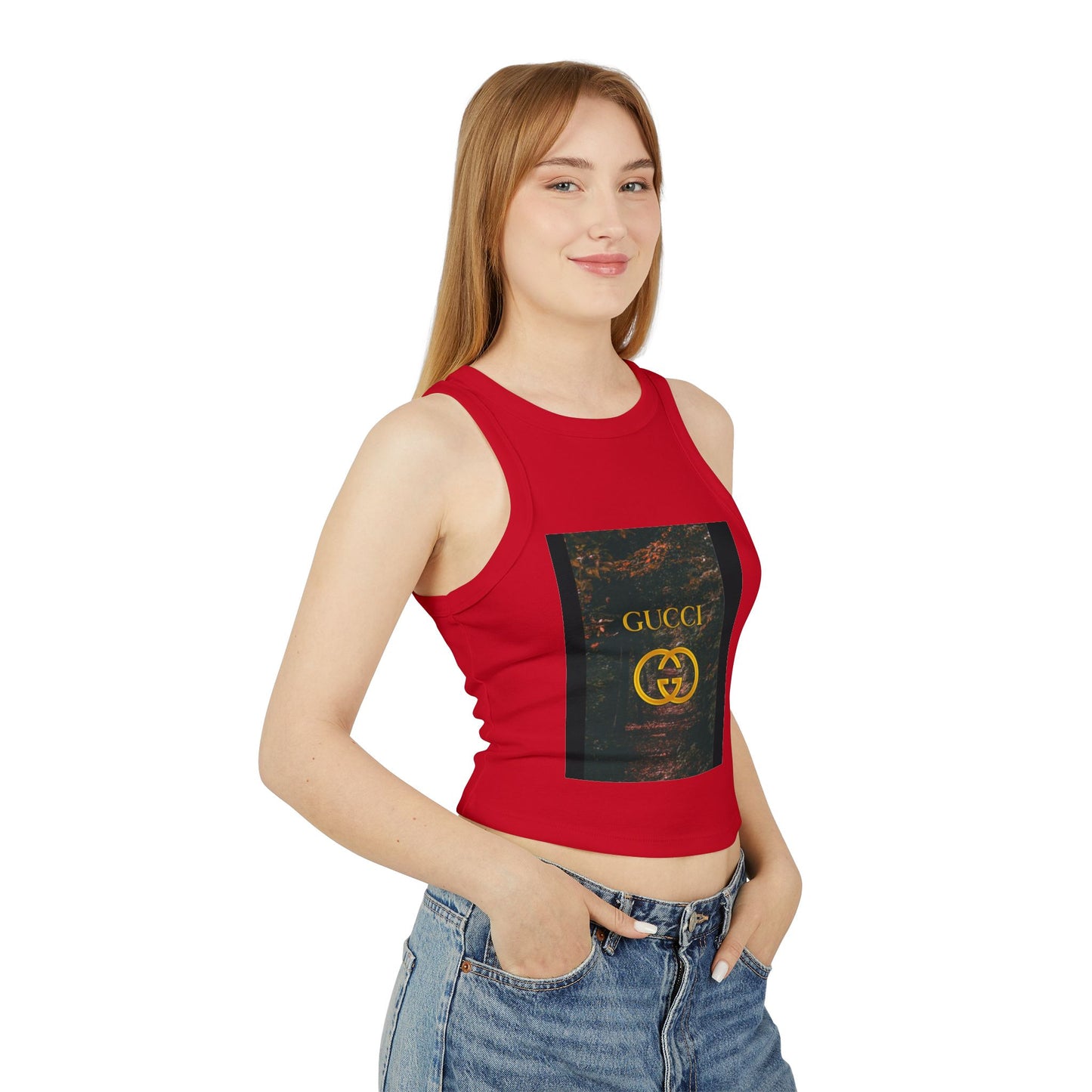 Trendy Women's Micro Rib Racer Tank Top with GUCCI Graphic - Casual Chic Style for Everyday Wear